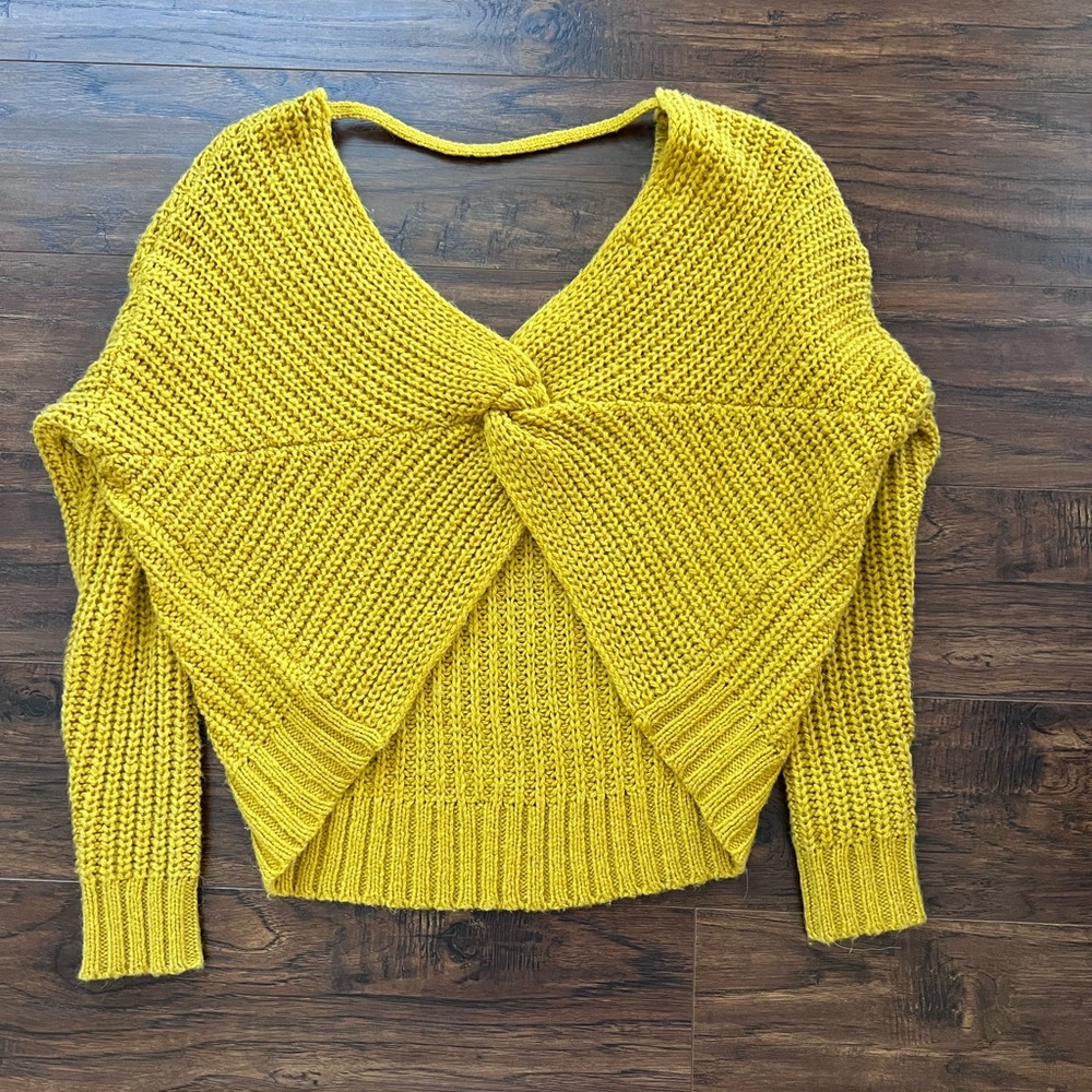 Yes Lola Mustard Yellow Back Knot Cropped Knit Sweater – Size XS (Runs Big) - Picture 3 of 5